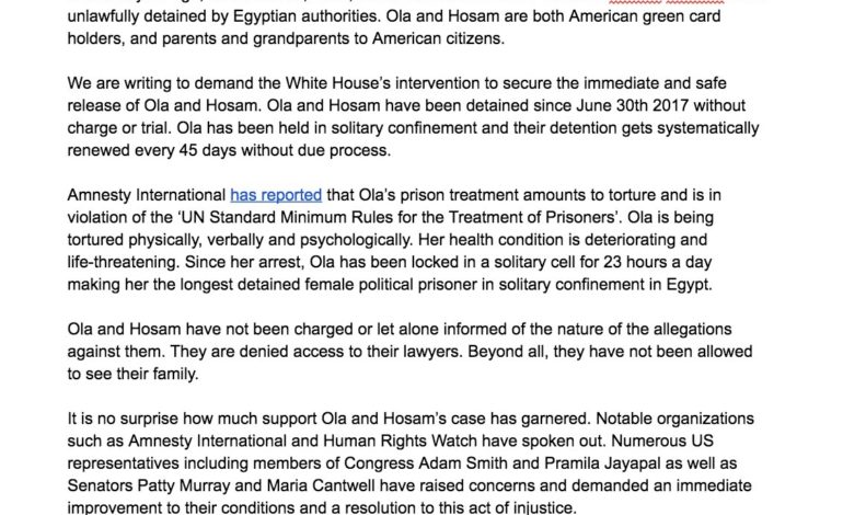 CODEPINK Urges President Donald Trump to Take Action to free Ola and Hosam